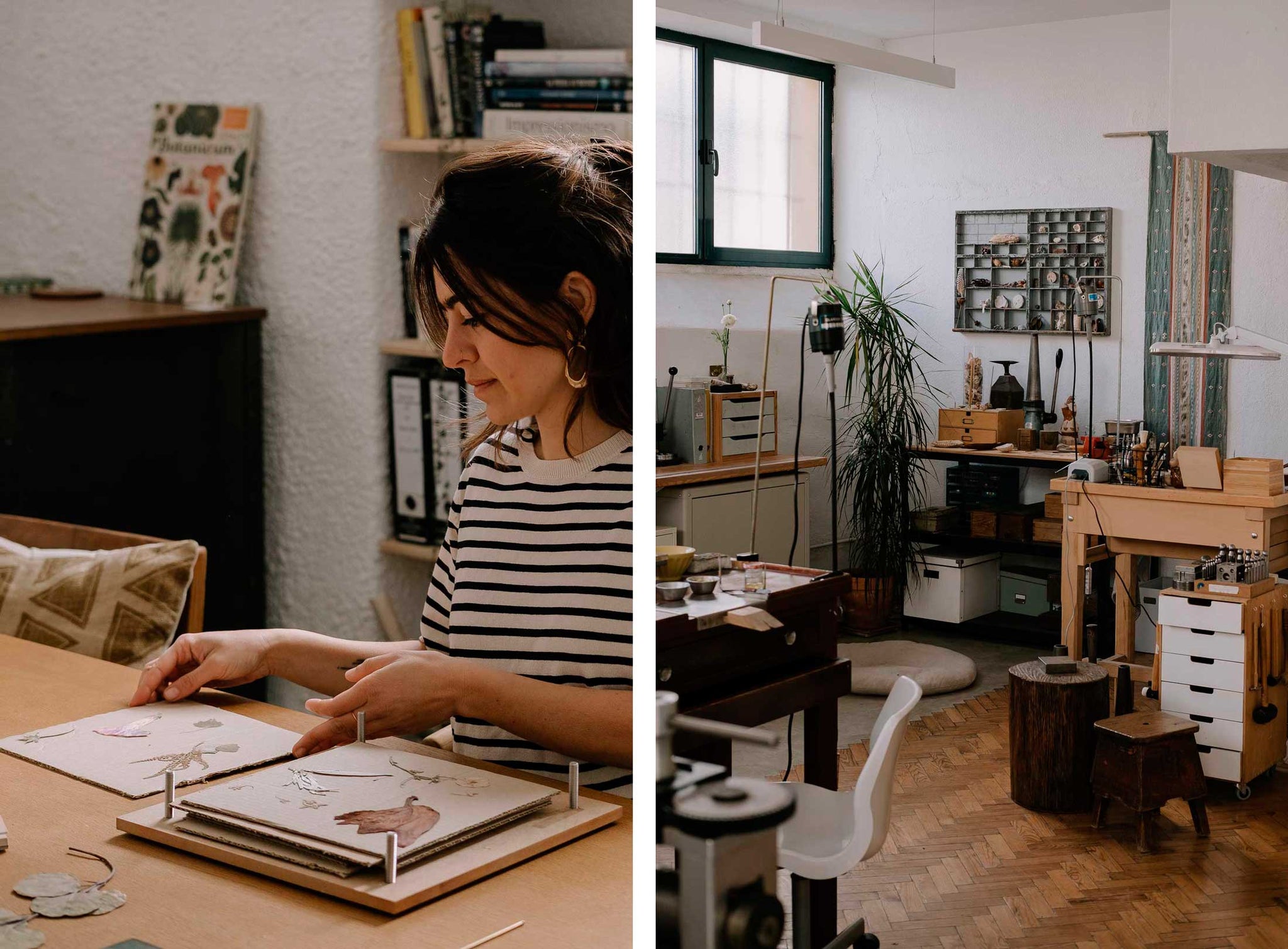 A jewelry studio workspace with sketches and tools